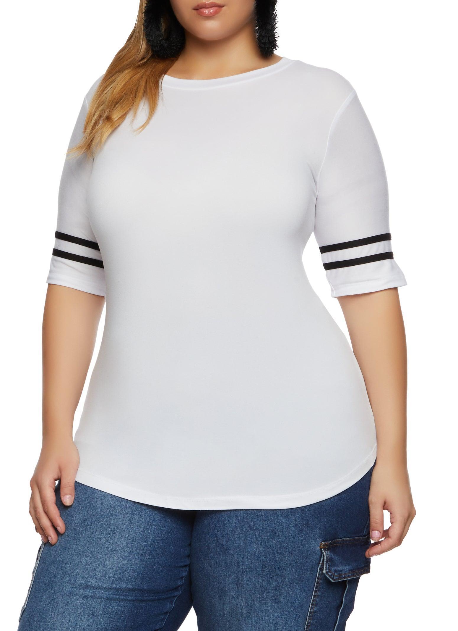 Womens Plus Size Varsity Striped Sleeve T Shirt Product Image