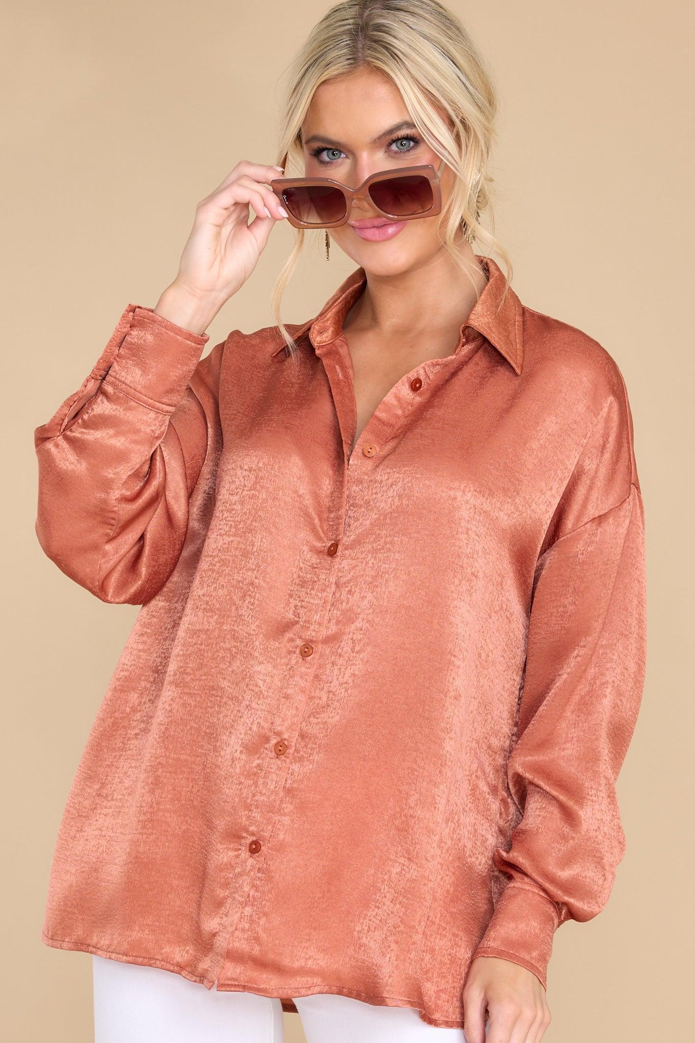 Aura Read All About It Rust Orange Button Front Top Product Image