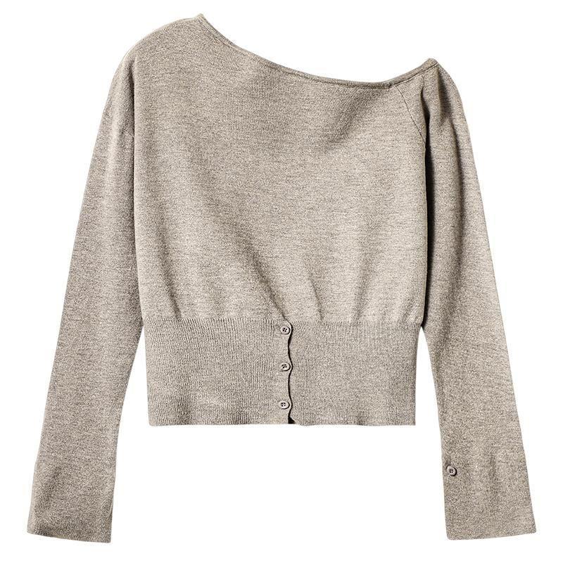 Long-Sleeve Asymmetrical Neck Button Hem Knit Top Product Image