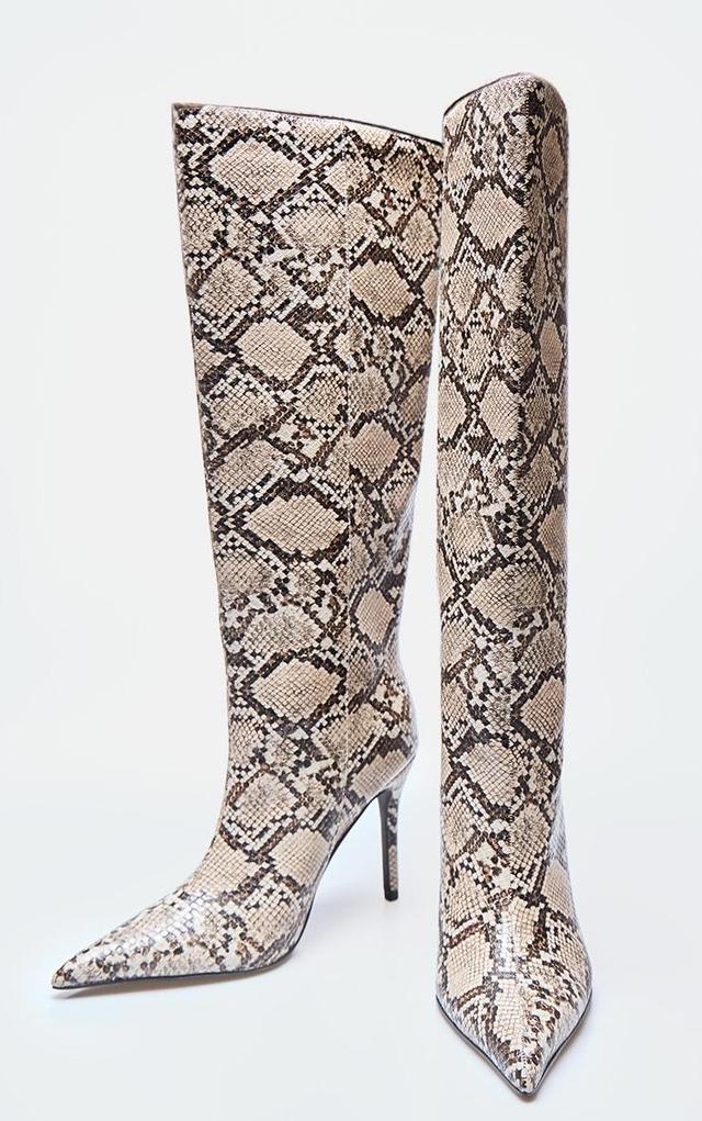 Snake PU Point Toe Stiletto Knee High Heeled Boots Product Image