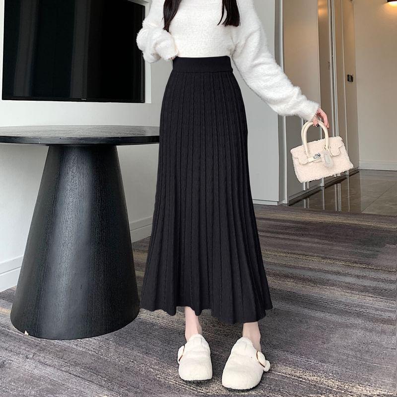 High Waist Plain Cable Knit Maxi Fishtail Skirt Product Image