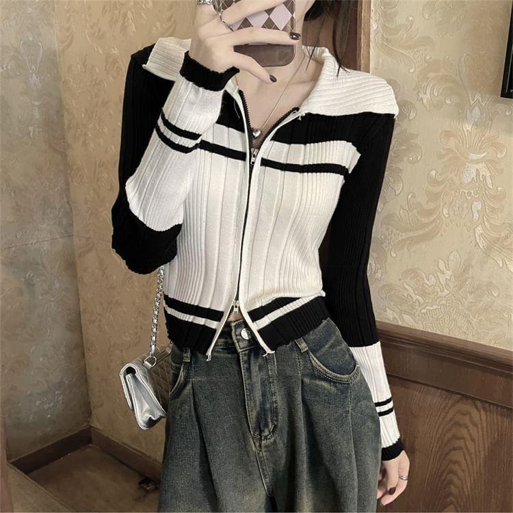 Striped Ribbed Zip Cardigan Product Image