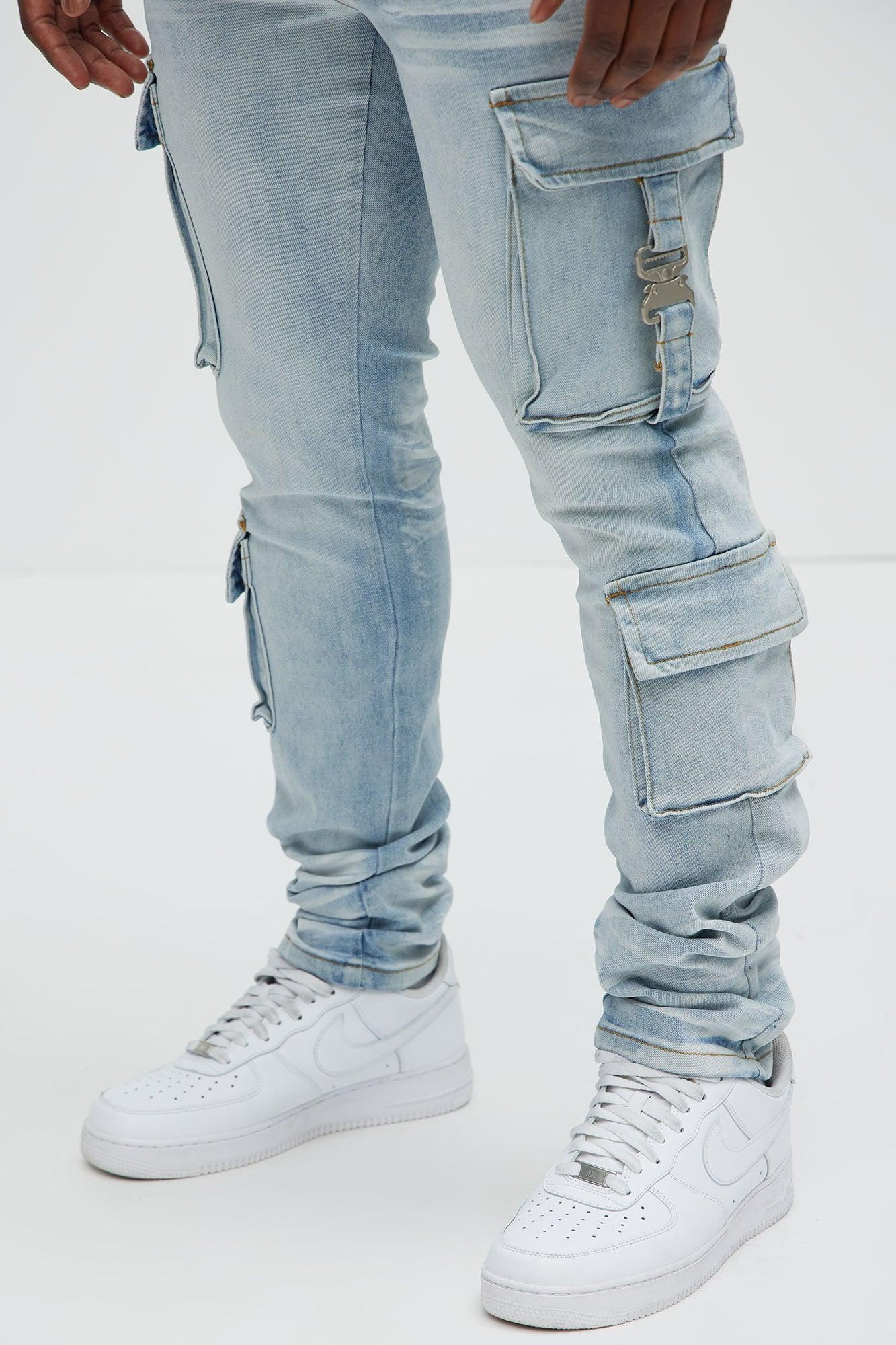 Hold On Cargo Stacked Skinny Jeans - Light Wash Product Image