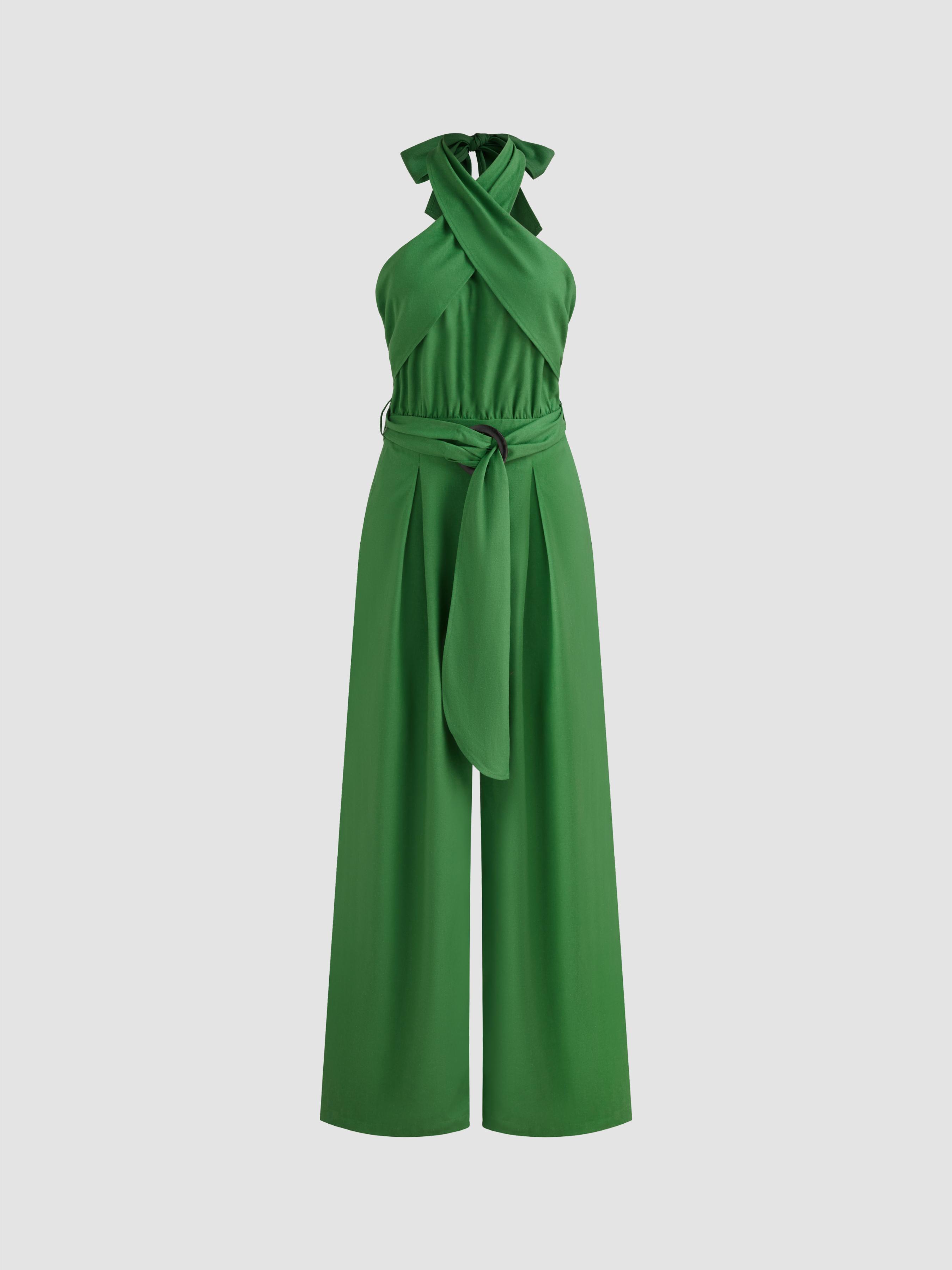 Cotton-blend Halter Solid Criss Cross Ruched Knotted Jumpsuit With Belt product image