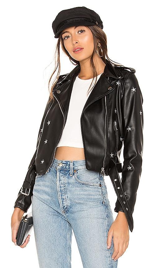 superdown Lydia Embroidered Moto Jacket in Black & White - Black. Size M (also in S). Product Image