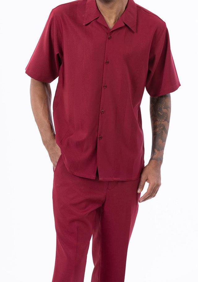 Burgundy Tone on Tone Vertical Stripes Walking Suit 2 Piece Short Sleeve Set Product Image