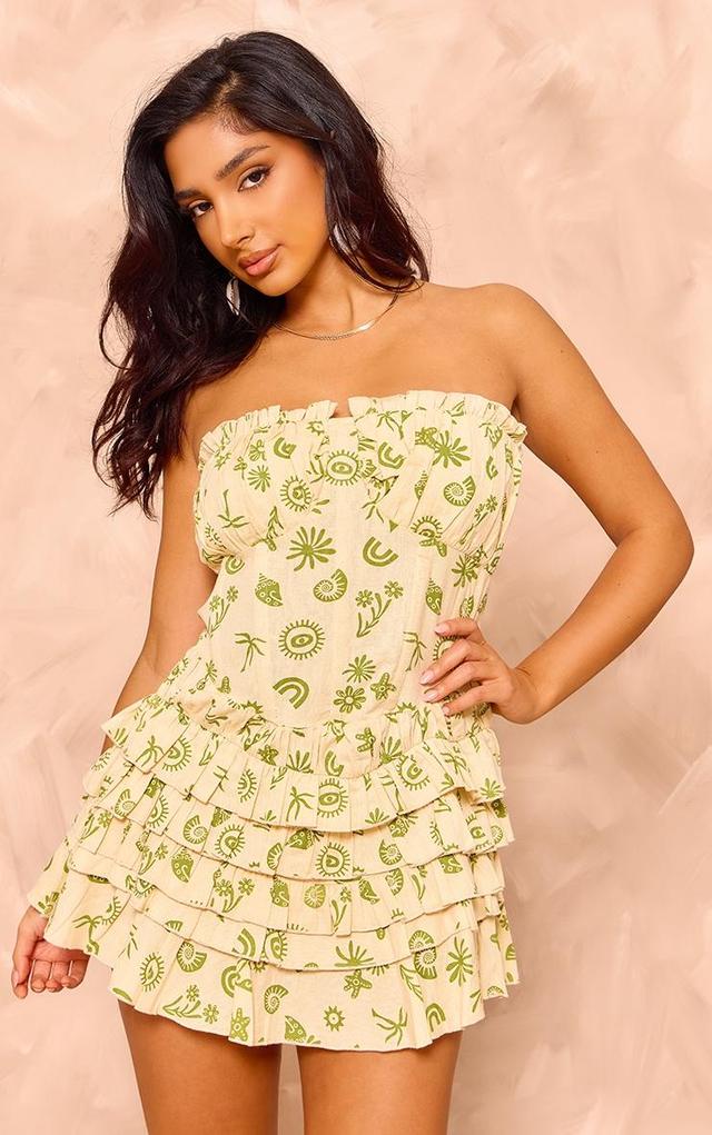 Petite Cream Printed Linen Look Tiered Ruffle Mini Dress Product Image