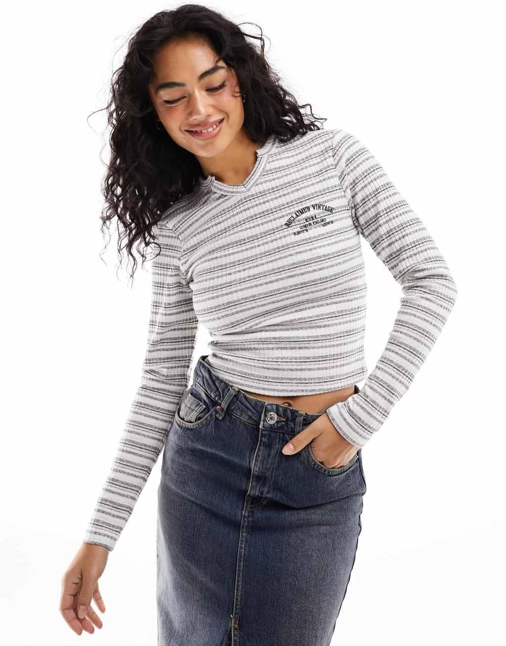 Reclaimed Vintage long sleeve shrunken tee with notch neck in stripe Product Image