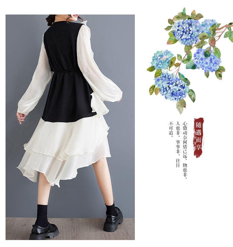 Long-Sleeve Round Neck Asymmetrical Ruffle Trim A-Line Dress Product Image