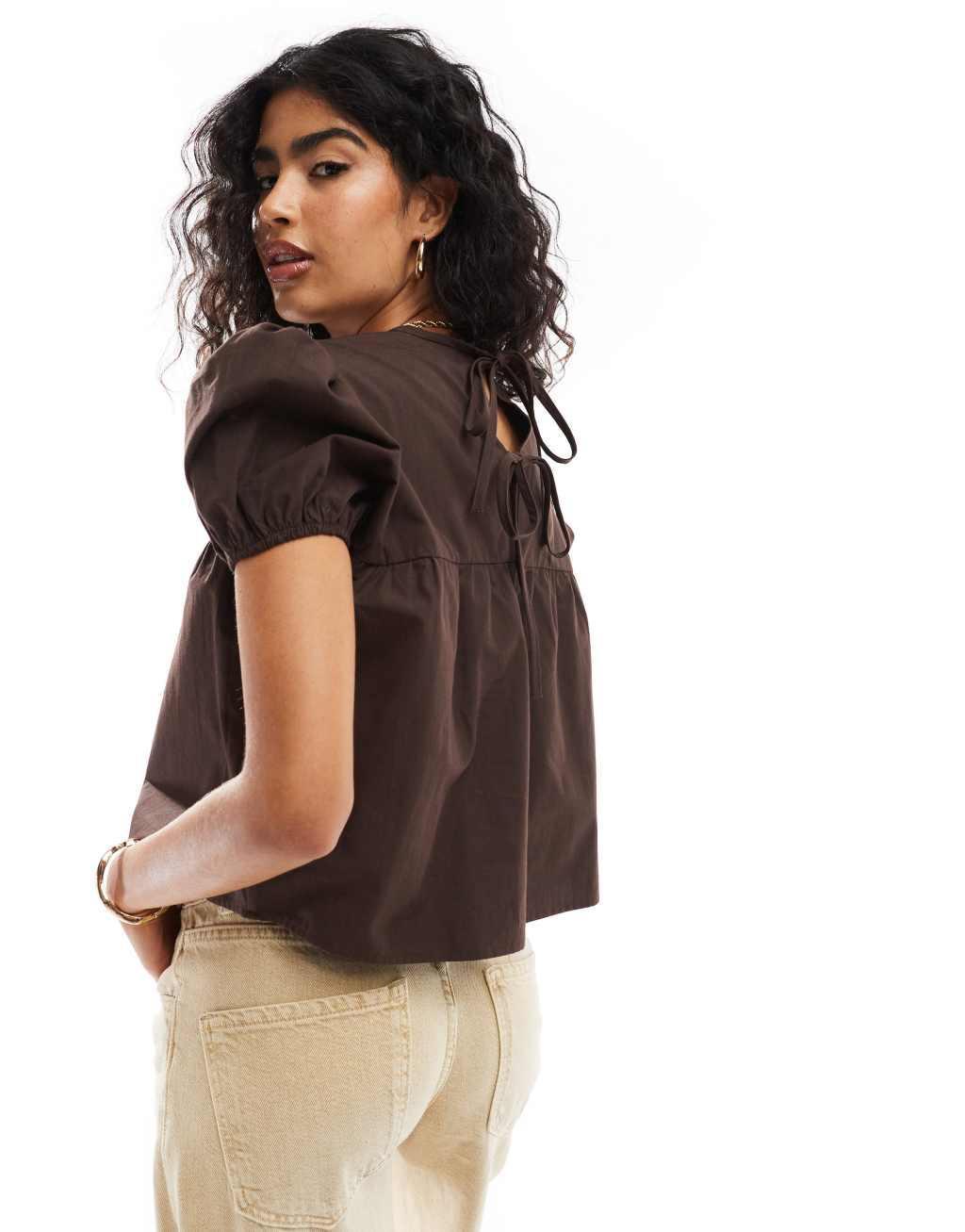 ASOS DESIGN smock top with puff sleeves in chocolate Product Image