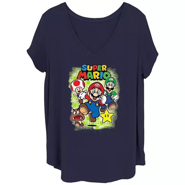 Juniors Plus Size Super Mario Bros Mario And Friends Happy Run Graphic Tee, Womens Blue Product Image