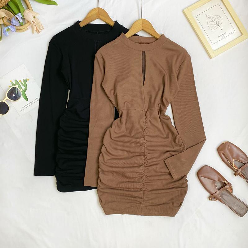 Long Sleeve Crew Neck Plain Ruched Bodycon Mini Dress Product Image