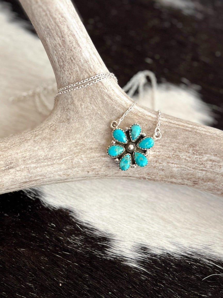 Turquoise Princess Flower Navajo Sterling Silver Necklace Product Image