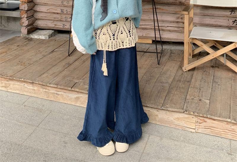 Bow Crew Neck Plain Button Cardigan / Knit Mini Skirt / Mid Waist Corduroy Wide Leg Pants Product Image