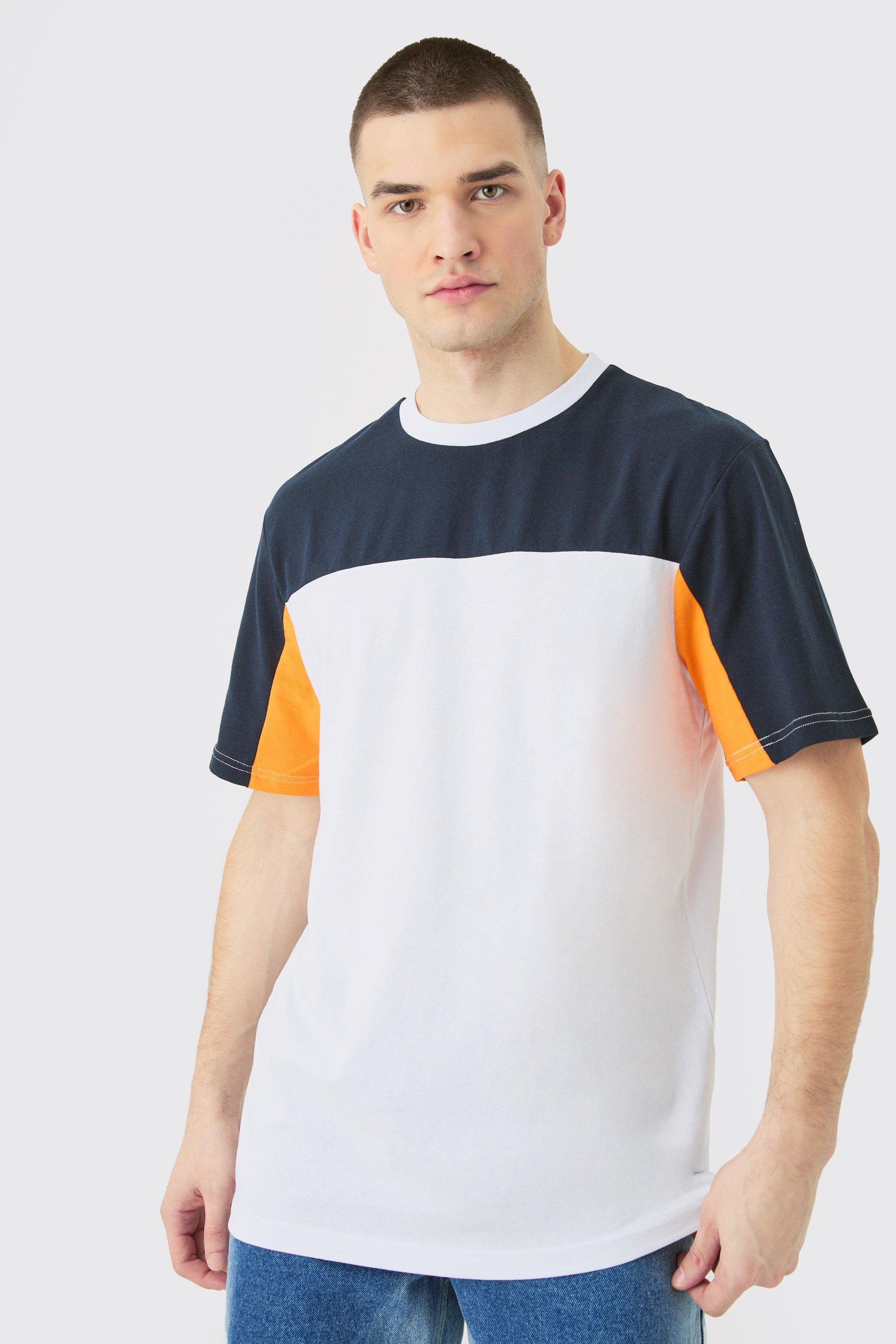 Tall Regular Fit Colour Block Panelled T-shirt In Navy | boohooMAN USA Product Image