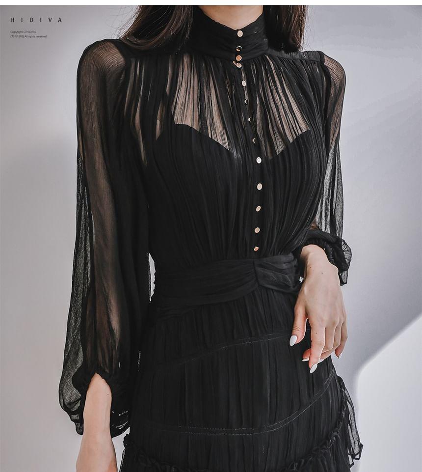 Balloon Sleeve Stand Collar Plain Ruffle Gathered Button Mini A-Line Dress Product Image