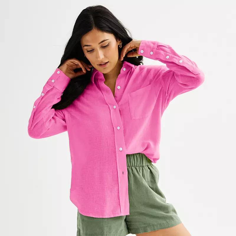 Womens Sonoma Goods For Life Oversized Linen-Blend Boyfriend Shirt Product Image