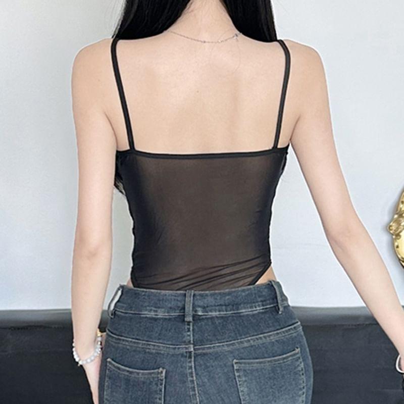 Spaghetti Strap Bow Accent Plain Mesh Panel Bodysuit Top  Product Image