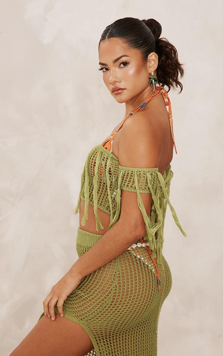 Olive Crochet Open Knit Bardot Tassel Top Product Image