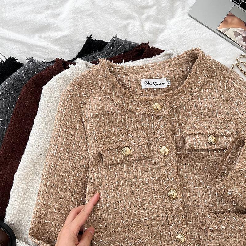 Crew Neck Button-Up Tweed Crop Jacket Product Image