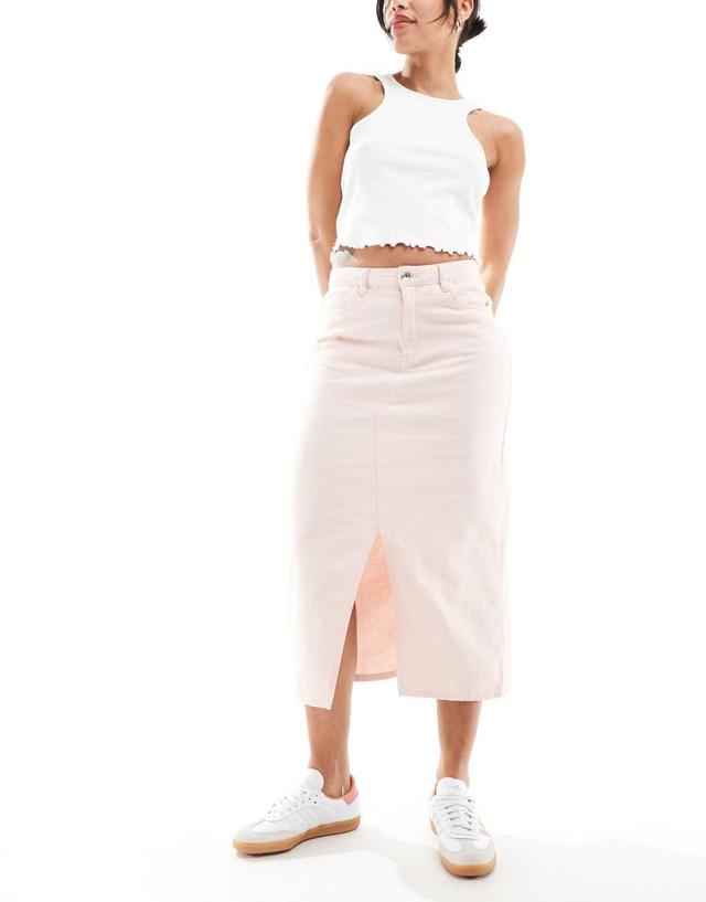 ONLY front slit twill midi skirt in pale pink  Product Image