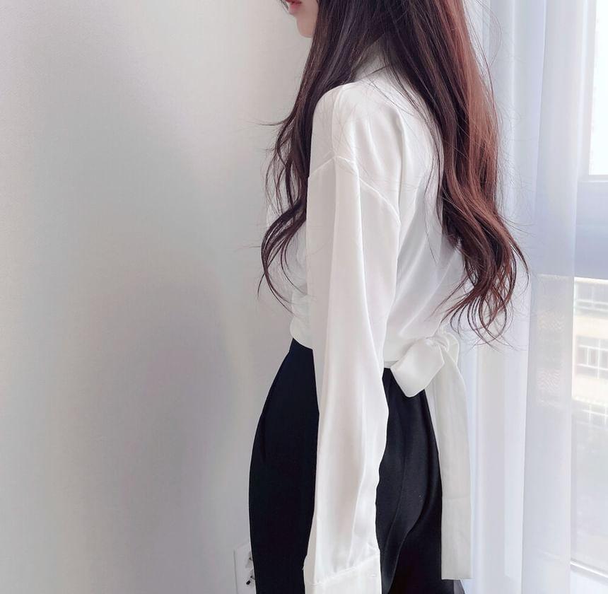 Long-Sleeve Plain Button-Up Wrap Crop Shirt Product Image