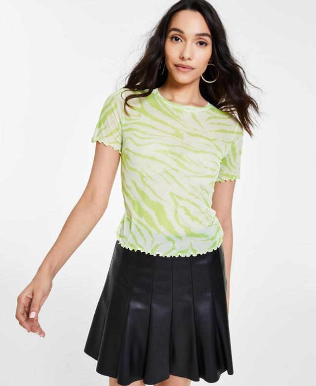 Bar Iii Womens Printed Mesh Lettuce-Edged T-Shirt, Created for Macys Product Image