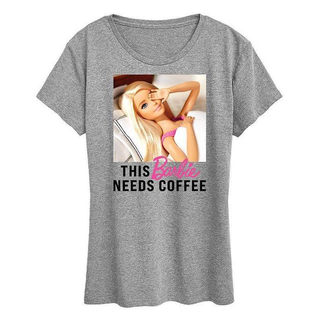 Womens Barbie Needs Coffee Graphic Tee, Girls Grey Gray Product Image