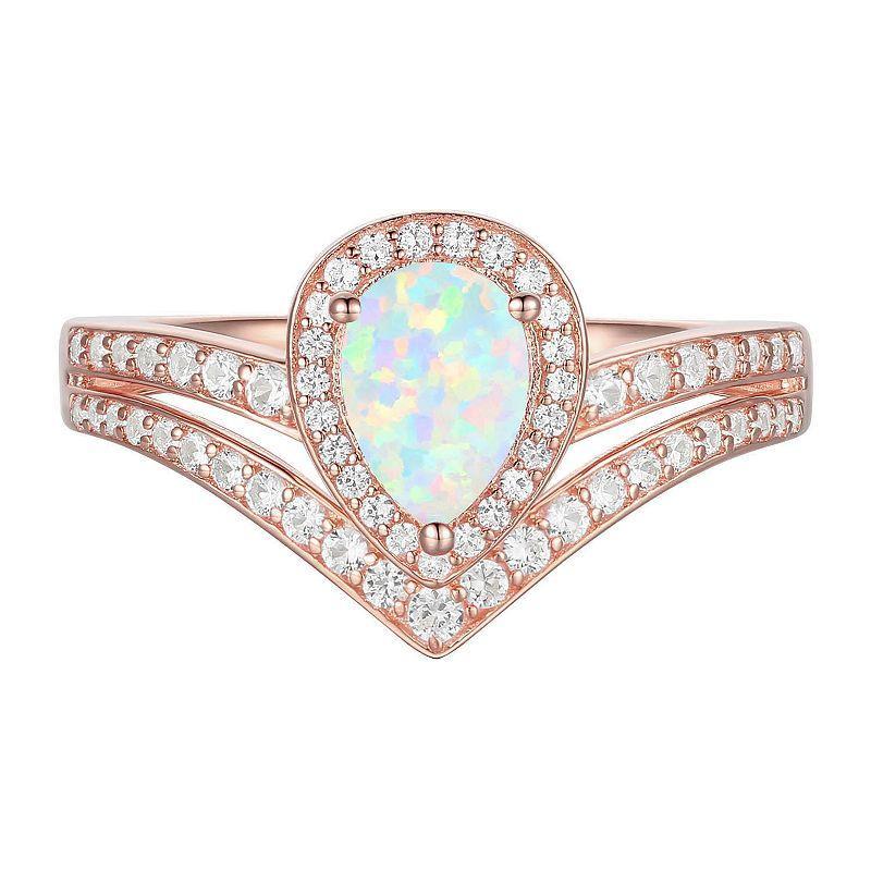 14k Rose Gold Over Silver Lab-Created Opal Teardrop & Lab-Created White Sapphire Chevron Ring, Womens Product Image