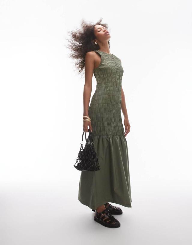 Topshop shirred maxi dress with contrast top stitch in khaki Product Image