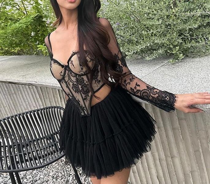 Long-Sleeve Lace Bustier Top Product Image