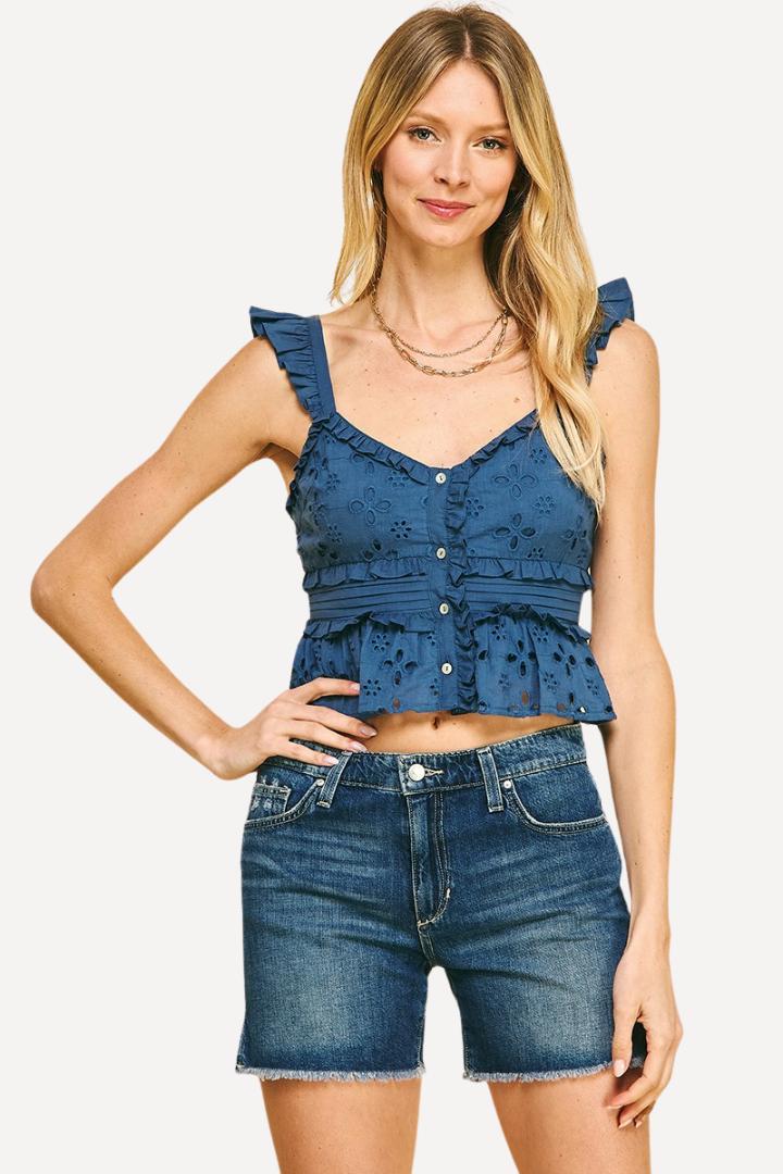 Eyelet Cropped Ruffle Tank Top Product Image