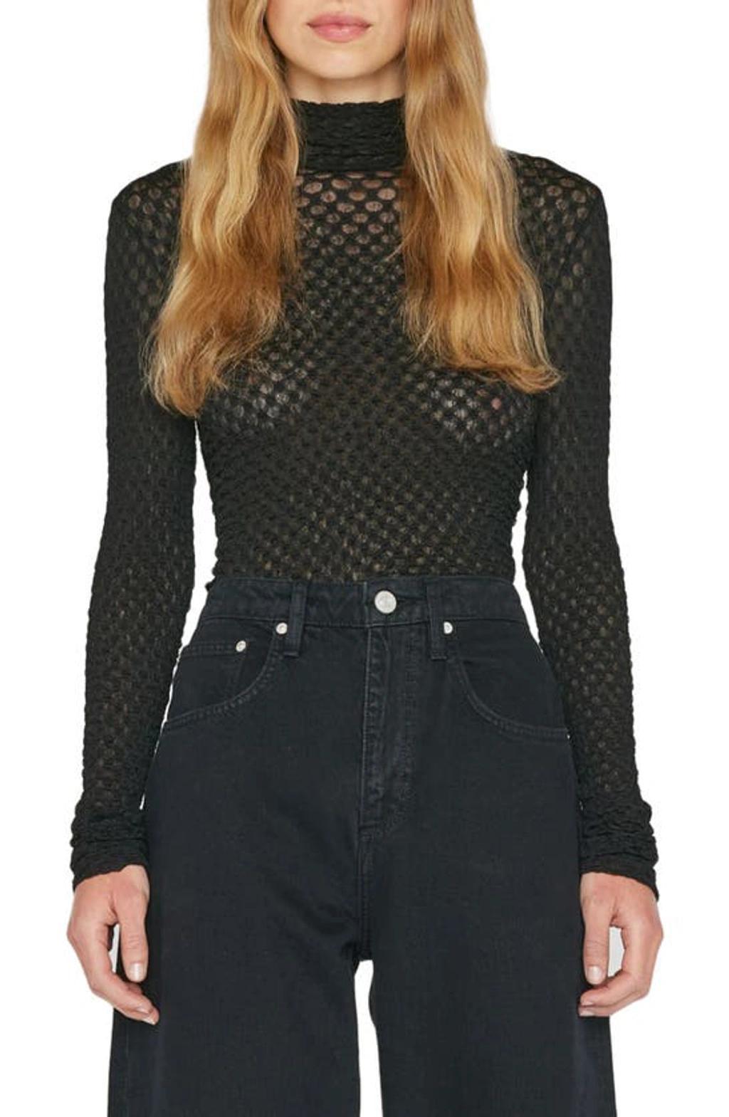 Mesh Lace Turtleneck Top In Noir Product Image