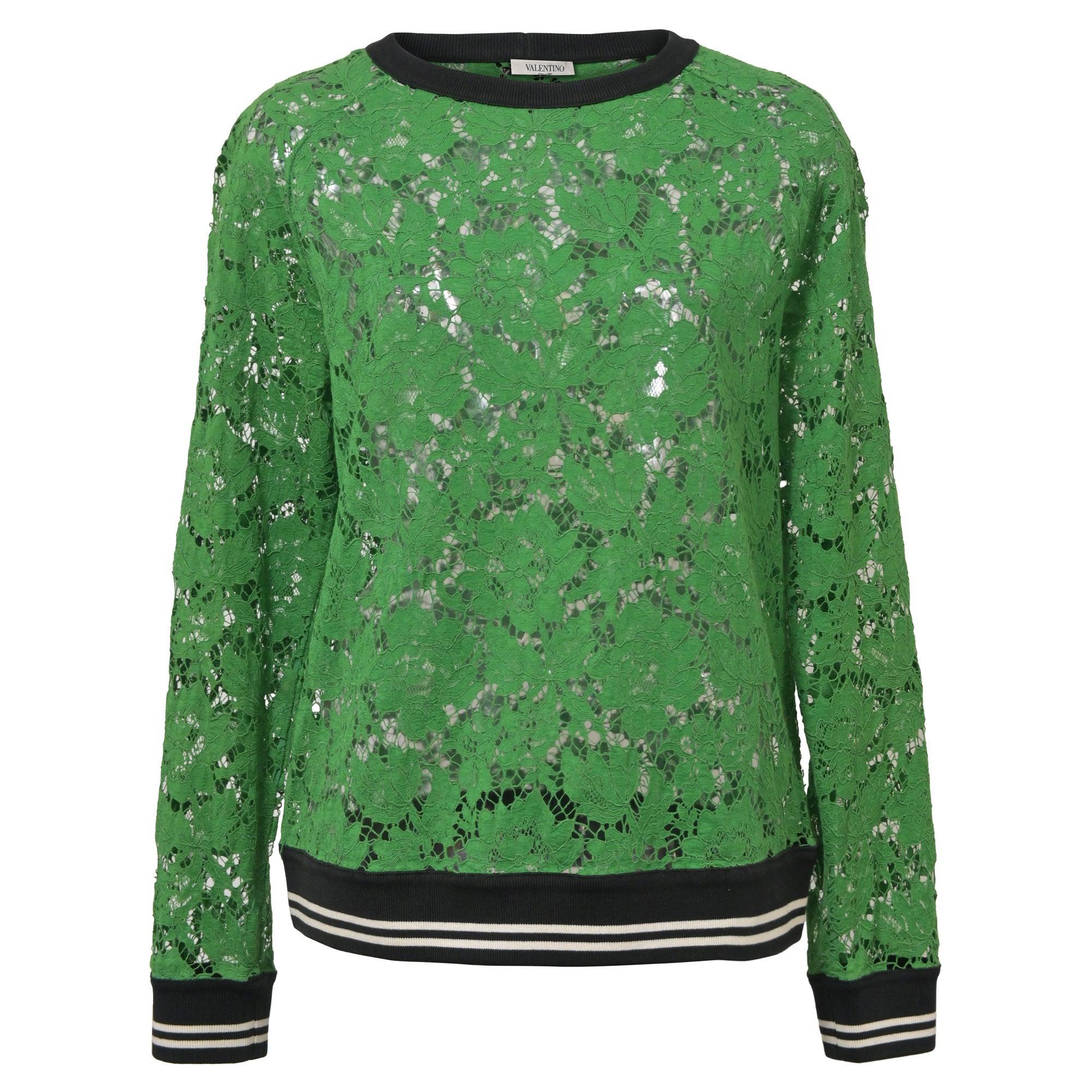 Lace Crew Neck Sweatshirt In Green Cotton Product Image