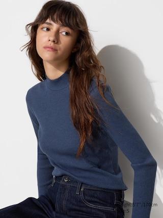 Womens Ribbed High Neck T-Shirt Long Sleeve Blue Large UNIQLO US Product Image