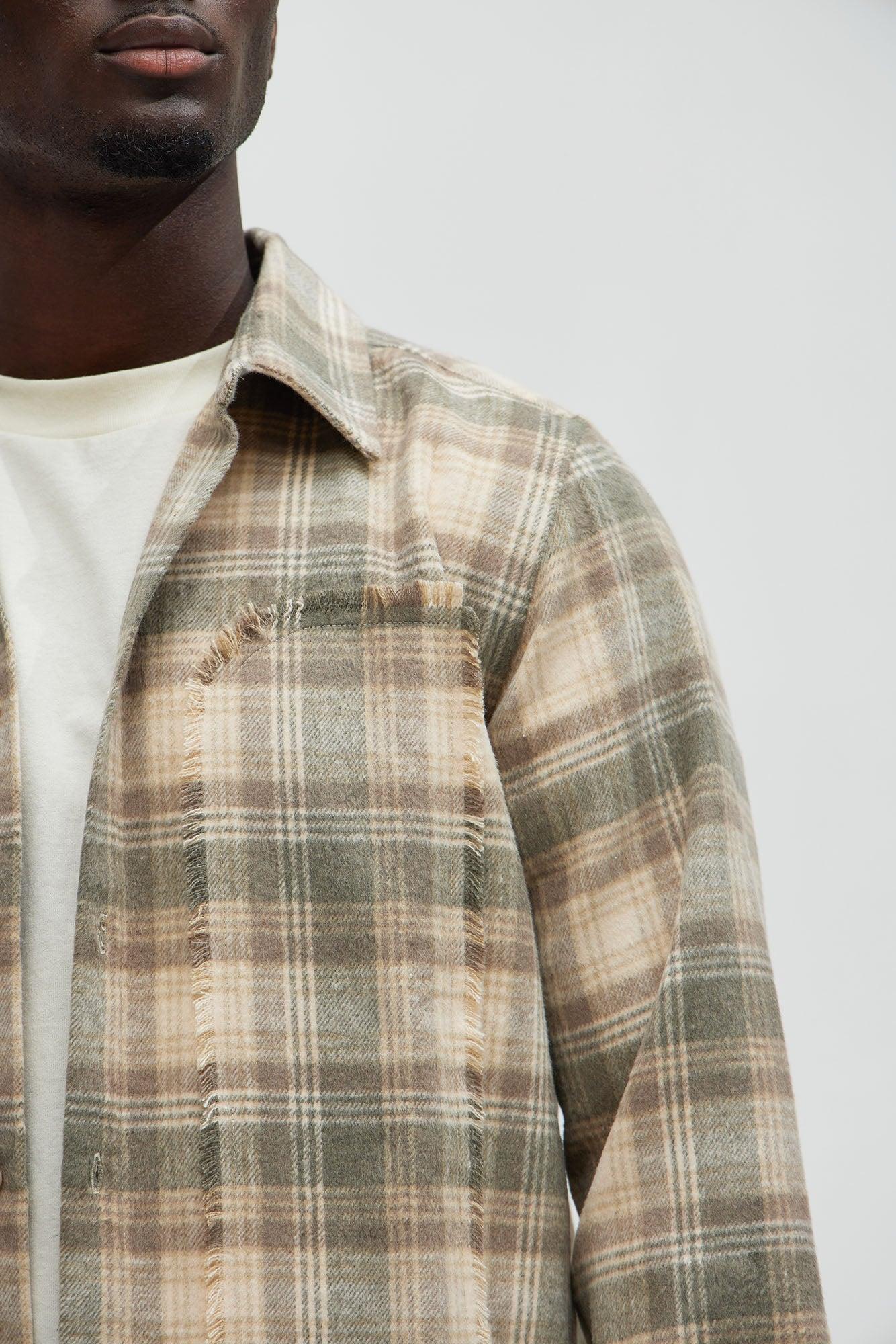 Victory Frayed Flannel Overshirt - Taupe Product Image