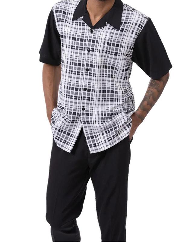 (3XL/46) Black Plaid Walking Suit 2 Piece Short Sleeve Set Product Image