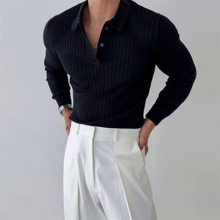 Long Sleeve Polo Neck Plain Ribbed Knitted Sweater Product Image