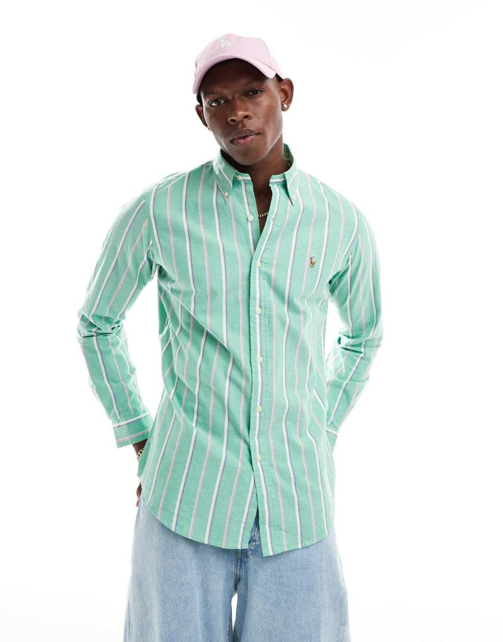 Polo Ralph Lauren icon logo stripe oxford shirt in green/pink Product Image