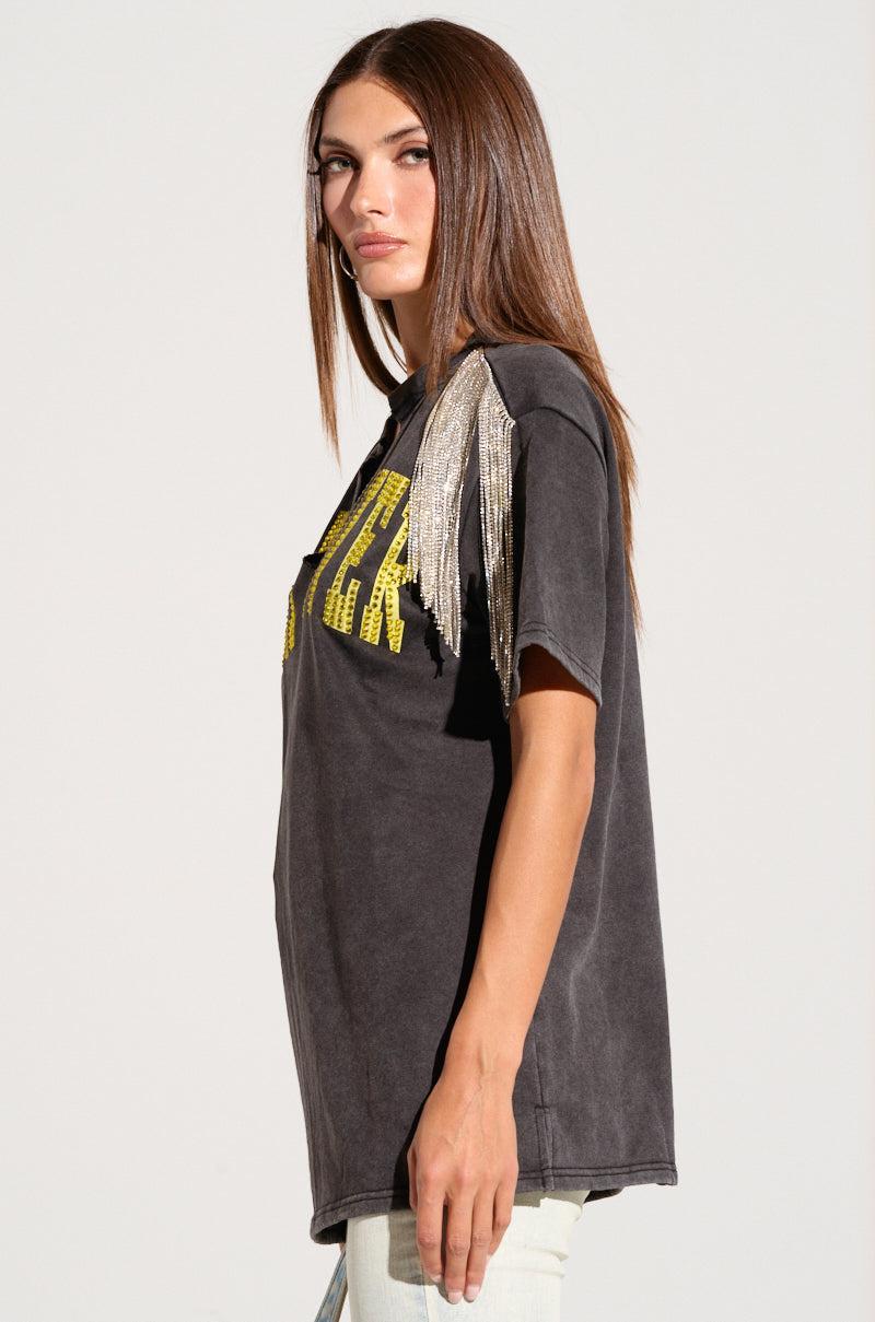 WHATEVER BABES RHINESTONE FRINGE TSHIRT IN GREY Product Image