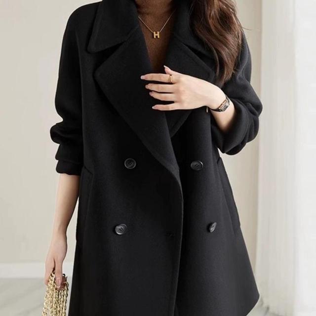 Lapel Collar Plain Double-Breasted Long Coat Product Image