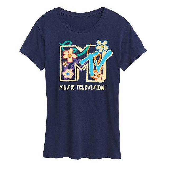 Womens MTV Drawn Floral Logo Graphic Tee Blue Product Image