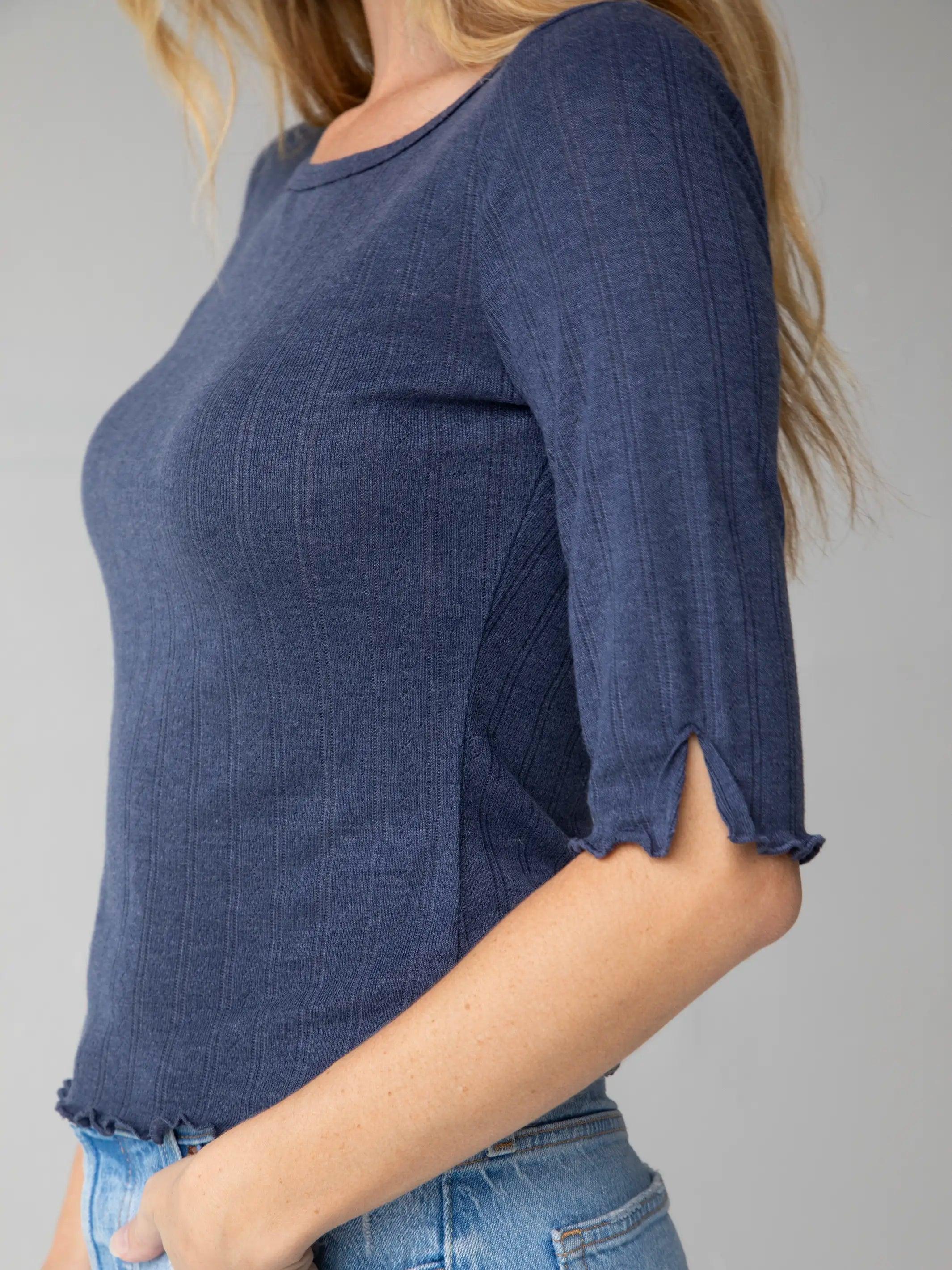 Leah Pointelle Top - Slate Blue Product Image