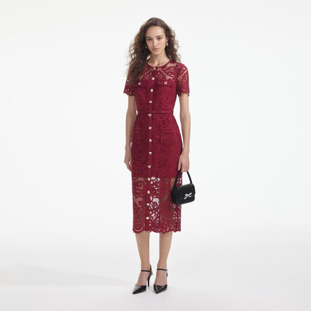 Red Guipure Lace Button Midi Dress Product Image