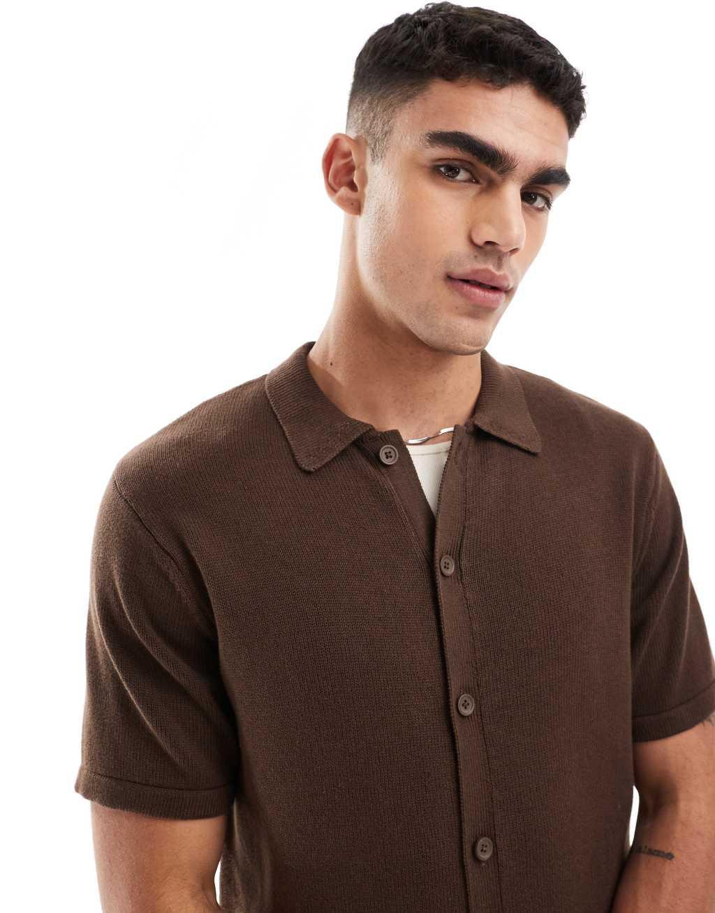 ASOS DESIGN midweight cotton knit button up polo in brown Product Image