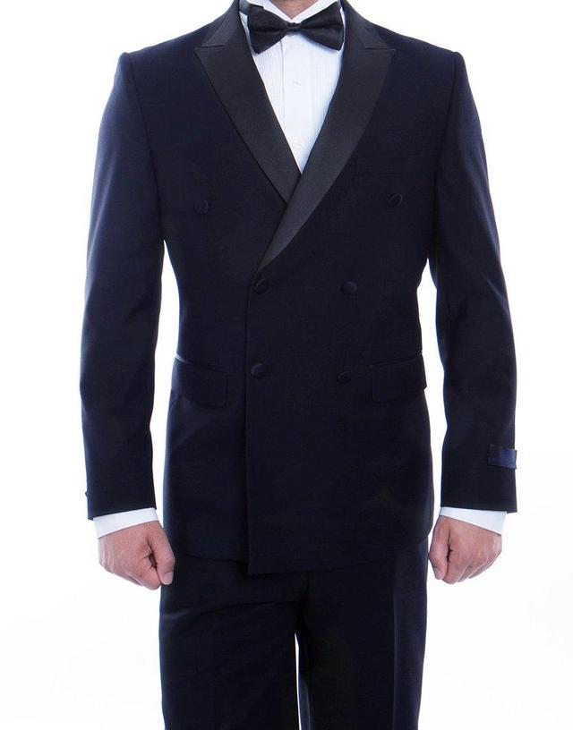 (38R, 46R, 48R) Double Breasted Slim Fit Tuxedo Navy with Black Satin Peak Lapel Product Image