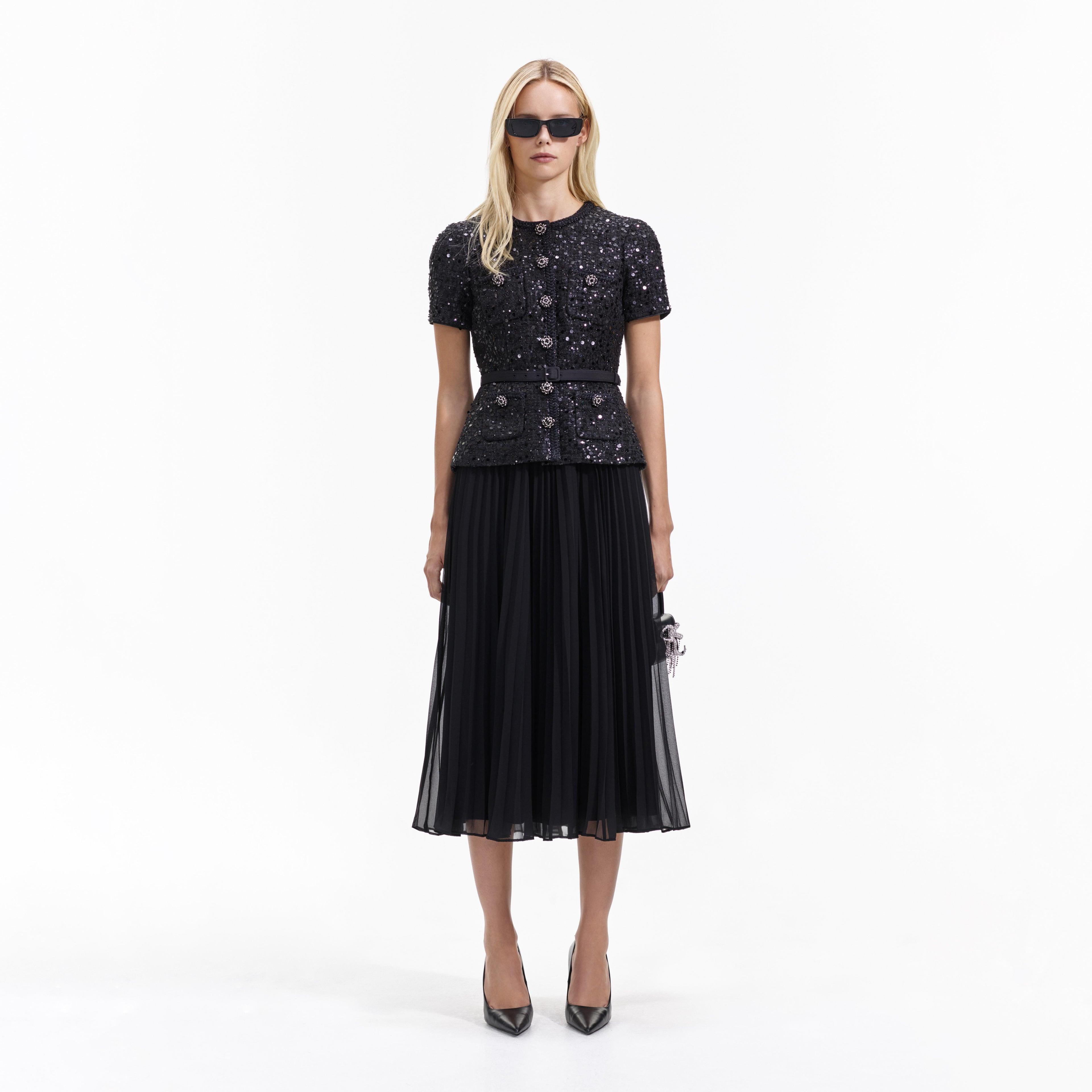 Black Sequin Boucle Tailored Midi Dress Product Image