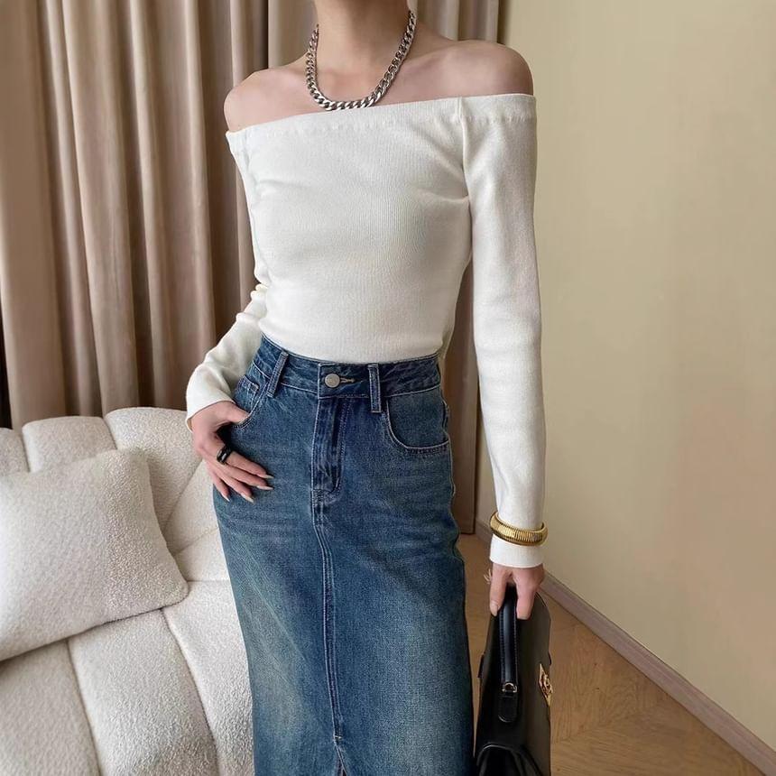 Off-Shoulder Plain Sweater Product Image