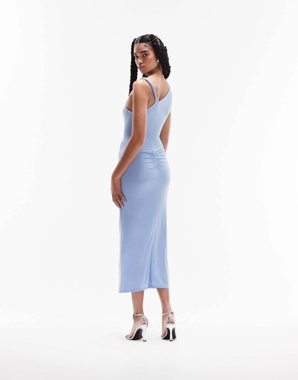 ASOS DESIGN twisted high neck mesh midi dress in pale blue Product Image