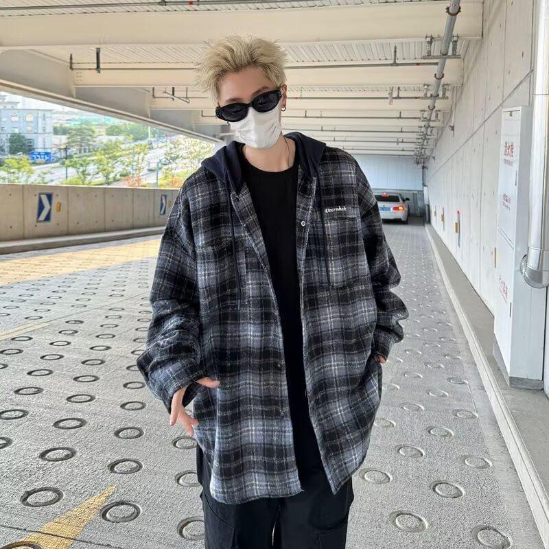 Plaid Drawstring Hooded Button-Up Jacket Product Image